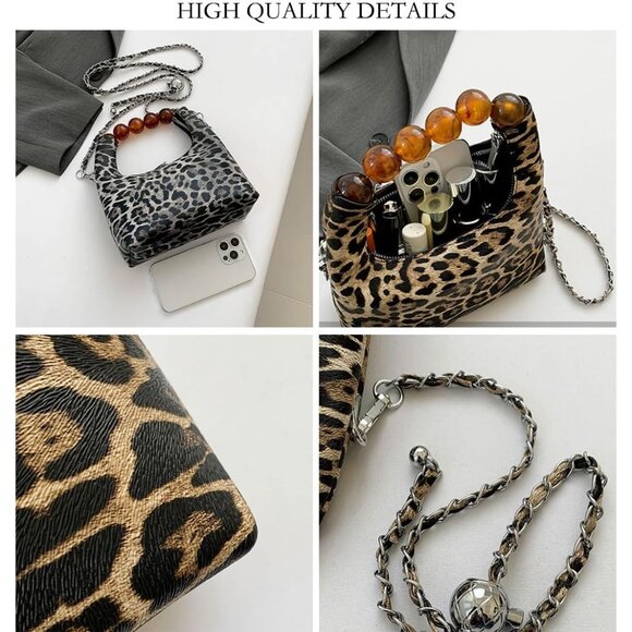 Small Brown Leopard Print Tote Bag with Chain - Elegant Evening Handbag for Wome - Picture 5 of 6